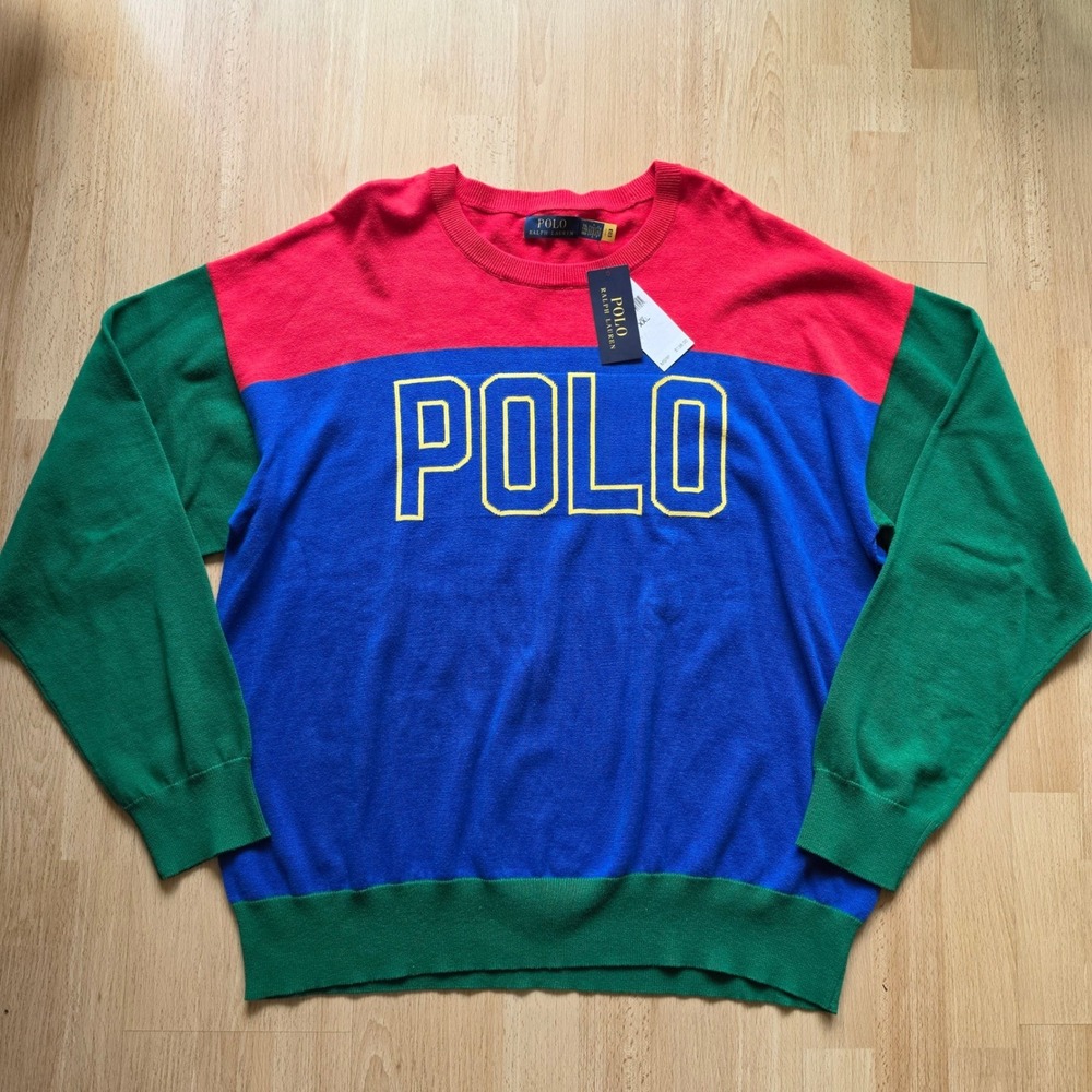 NTW Polo Ralph Lauren Mens XXL Colorblock Cotton Knit Sweater Red Blue Green NEW